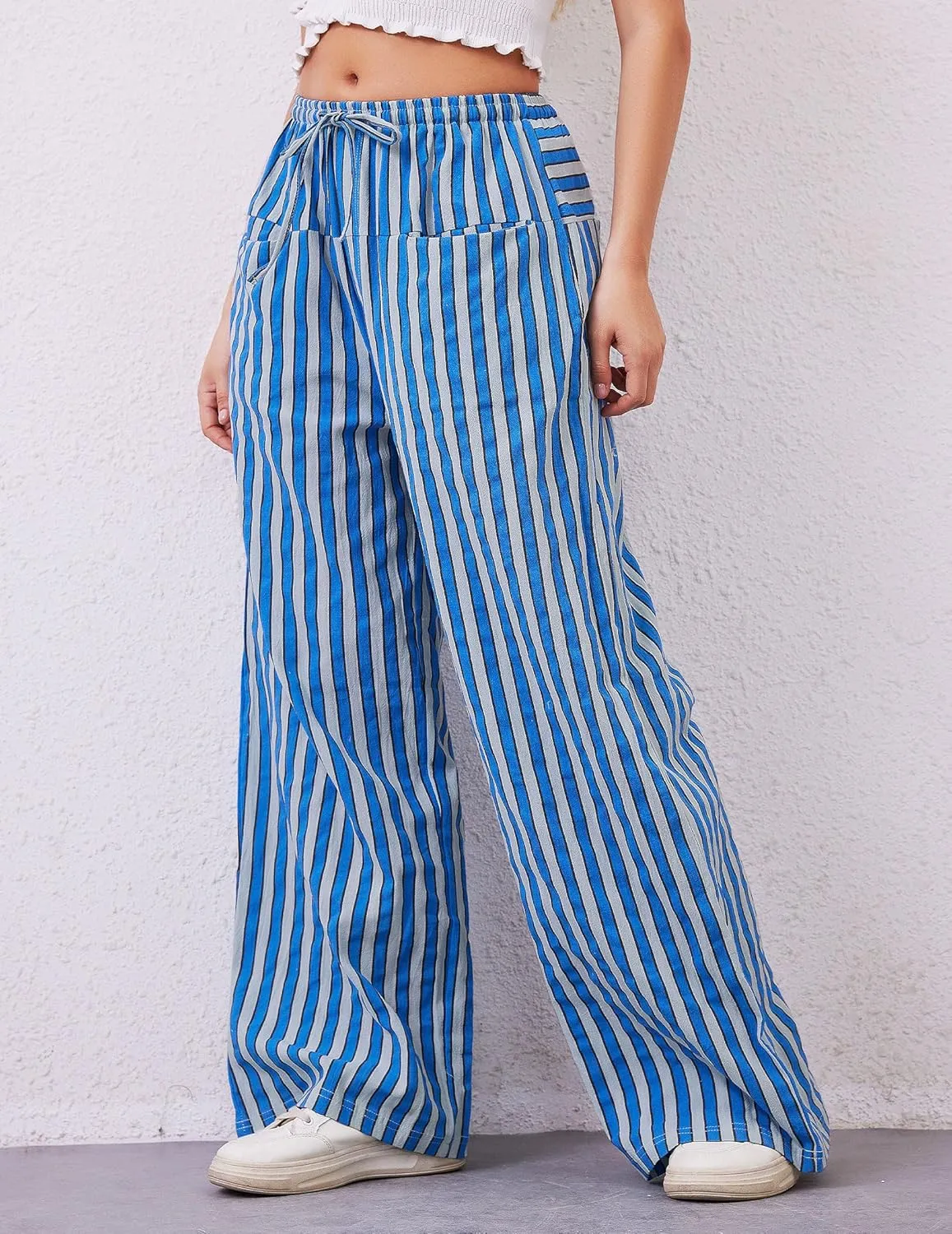 Striped Pants Women Wide Leg Trousers Drawstring Low Rise Casual Loose Lounge Pajama Pants with Pockets
