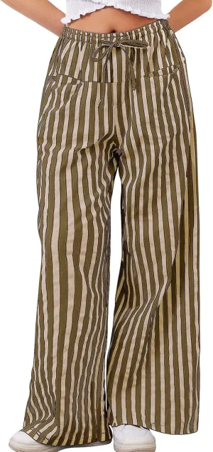 Striped Pants Women Wide Leg Trousers Drawstring Low Rise Casual Loose Lounge Pajama Pants with Pockets