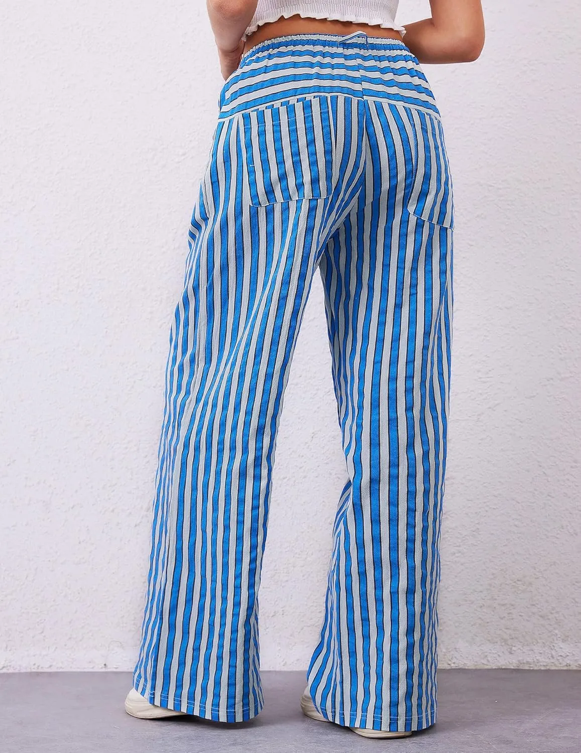Striped Pants Women Wide Leg Trousers Drawstring Low Rise Casual Loose Lounge Pajama Pants with Pockets