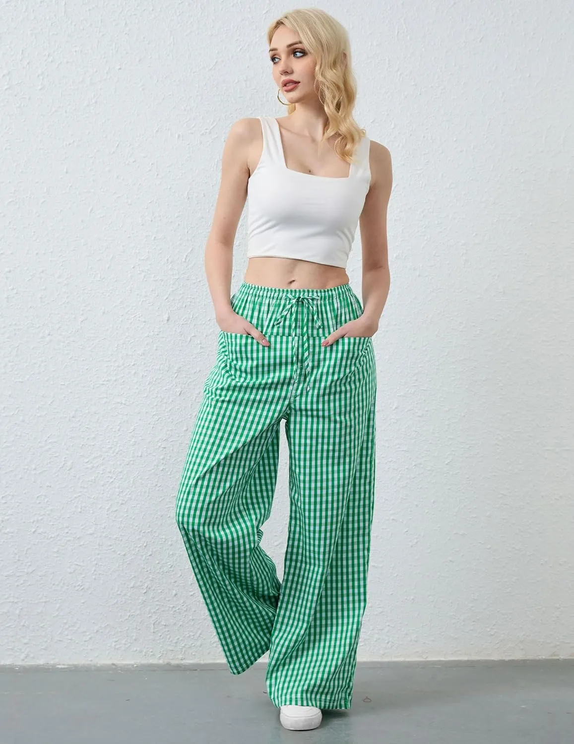 Striped Pants Women Wide Leg Trousers Drawstring Low Rise Casual Loose Lounge Pajama Pants with Pockets