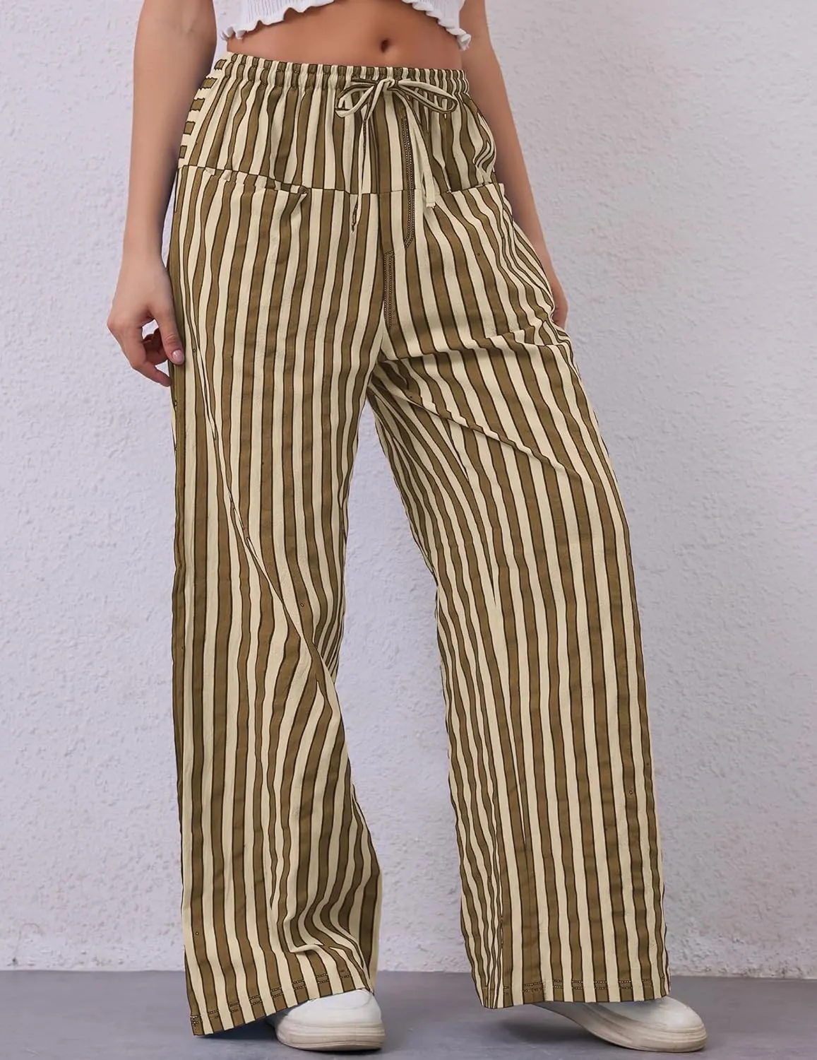 Striped Pants Women Wide Leg Trousers Drawstring Low Rise Casual Loose Lounge Pajama Pants with Pockets