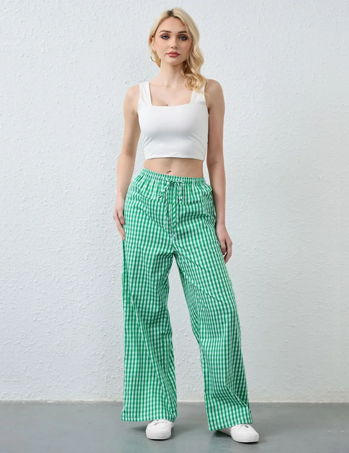 Striped Pants Women Wide Leg Trousers Drawstring Low Rise Casual Loose Lounge Pajama Pants with Pockets