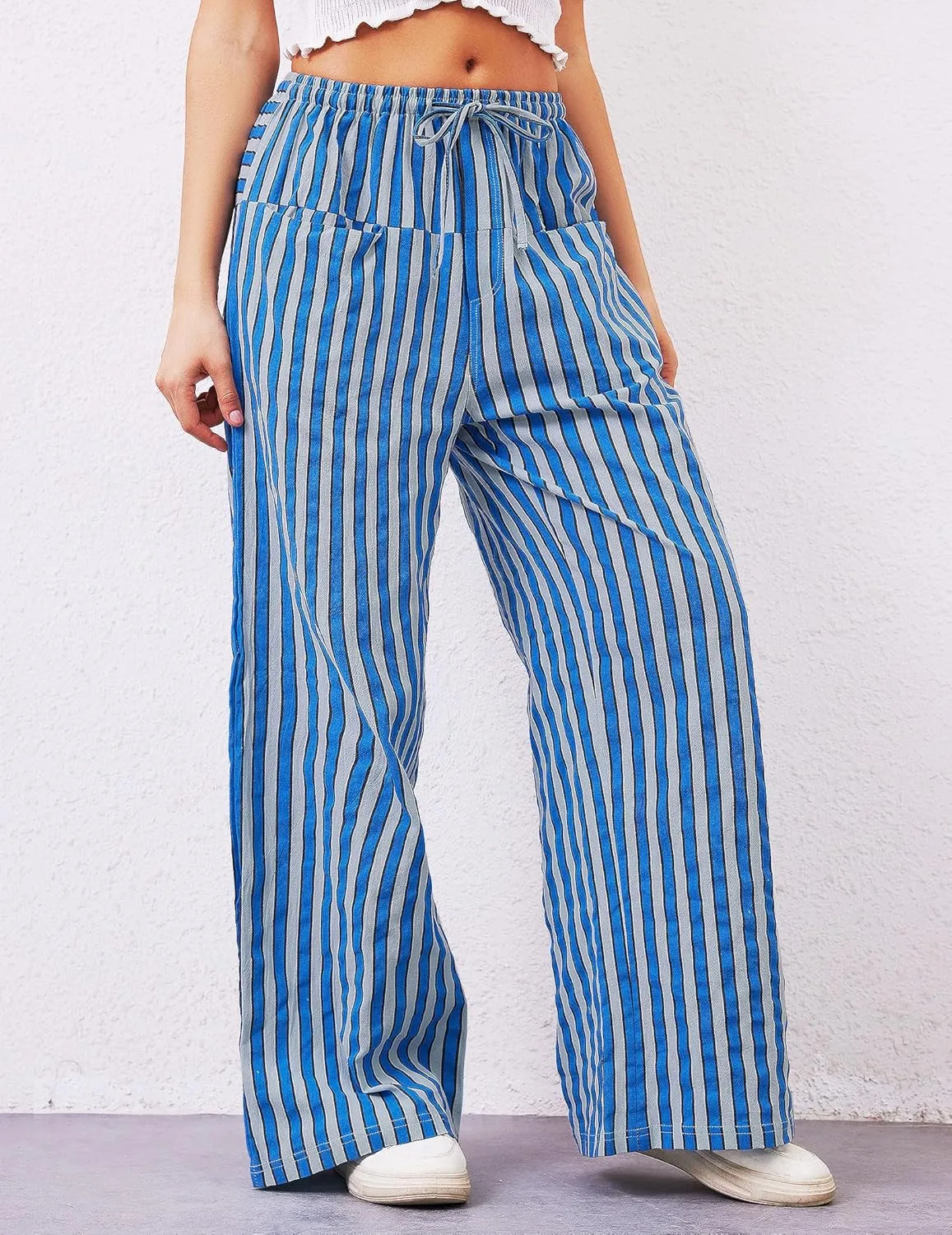 Striped Pants Women Wide Leg Trousers Drawstring Low Rise Casual Loose Lounge Pajama Pants with Pockets