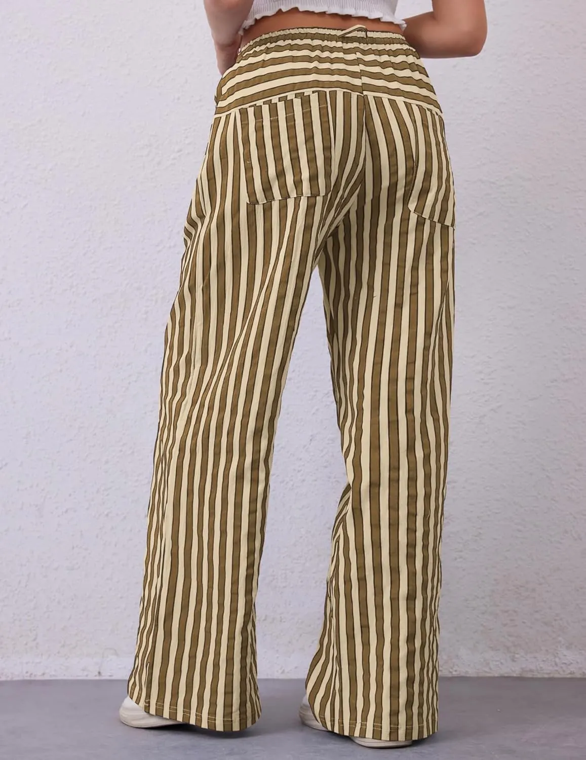 Striped Pants Women Wide Leg Trousers Drawstring Low Rise Casual Loose Lounge Pajama Pants with Pockets