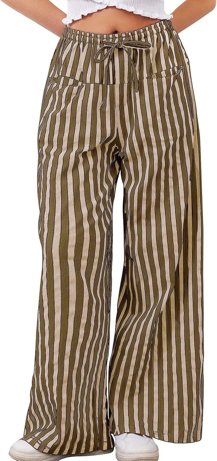 Striped Pants Women Wide Leg Trousers Drawstring Low Rise Casual Loose Lounge Pajama Pants with Pockets