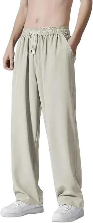 Summer Pants for Men Solid Color Elastic Waist Drawstring Pocket Wide Leg Breathable Loose Elasticity Fresh Trousers