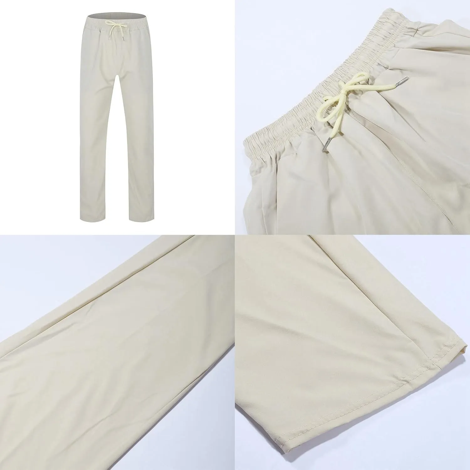 Summer Pants for Men Solid Color Elastic Waist Drawstring Pocket Wide Leg Breathable Loose Elasticity Fresh Trousers