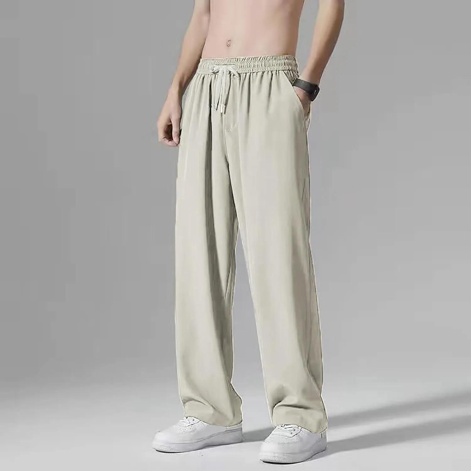 Summer Pants for Men Solid Color Elastic Waist Drawstring Pocket Wide Leg Breathable Loose Elasticity Fresh Trousers