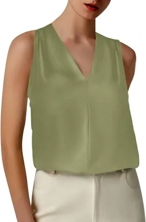 Summer Women's Silk Satin Tops Pleated V-Neck Sleeveless Blouses for Business/Vacation Dressy Casual Outfits​