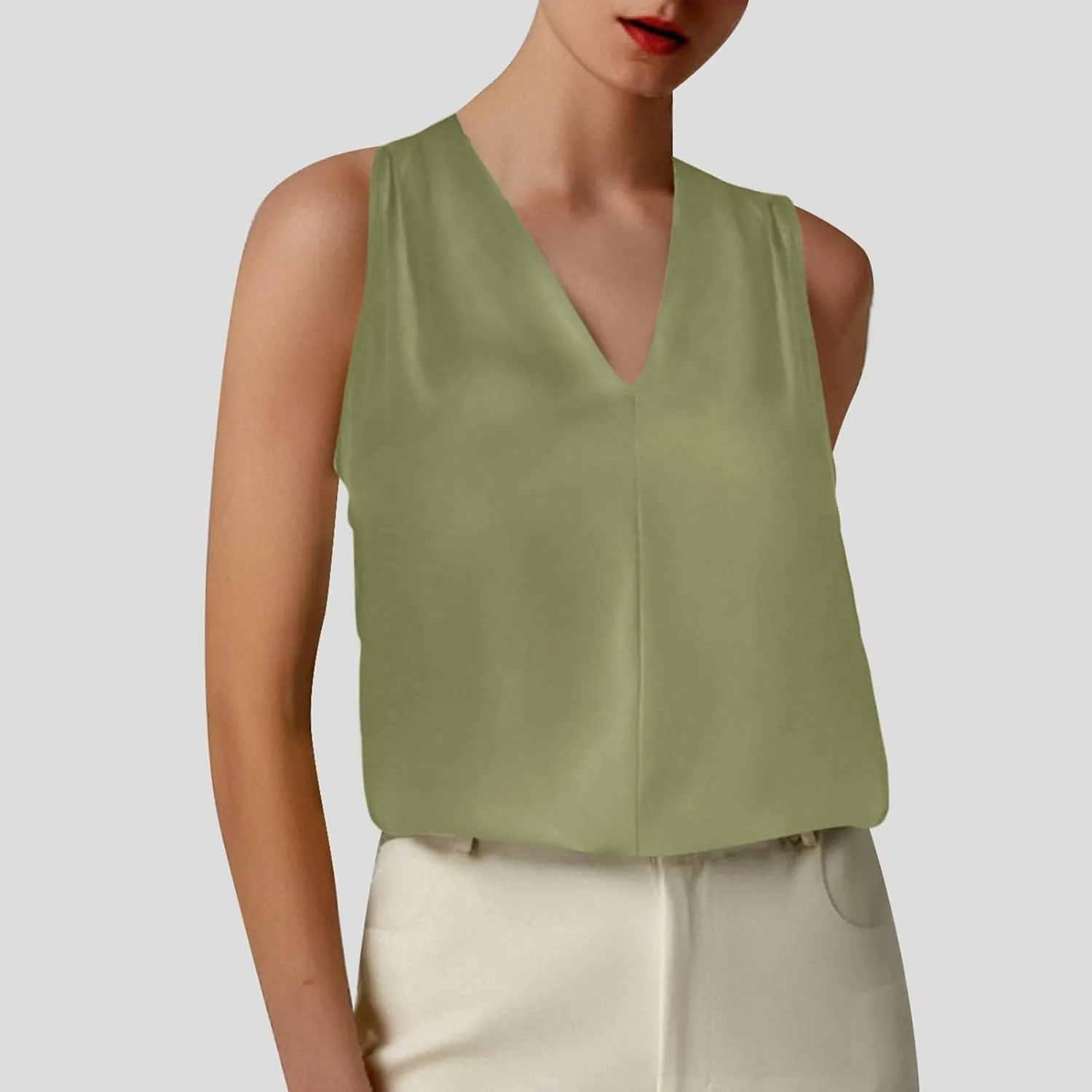 Summer Women's Silk Satin Tops Pleated V-Neck Sleeveless Blouses for Business/Vacation Dressy Casual Outfits​