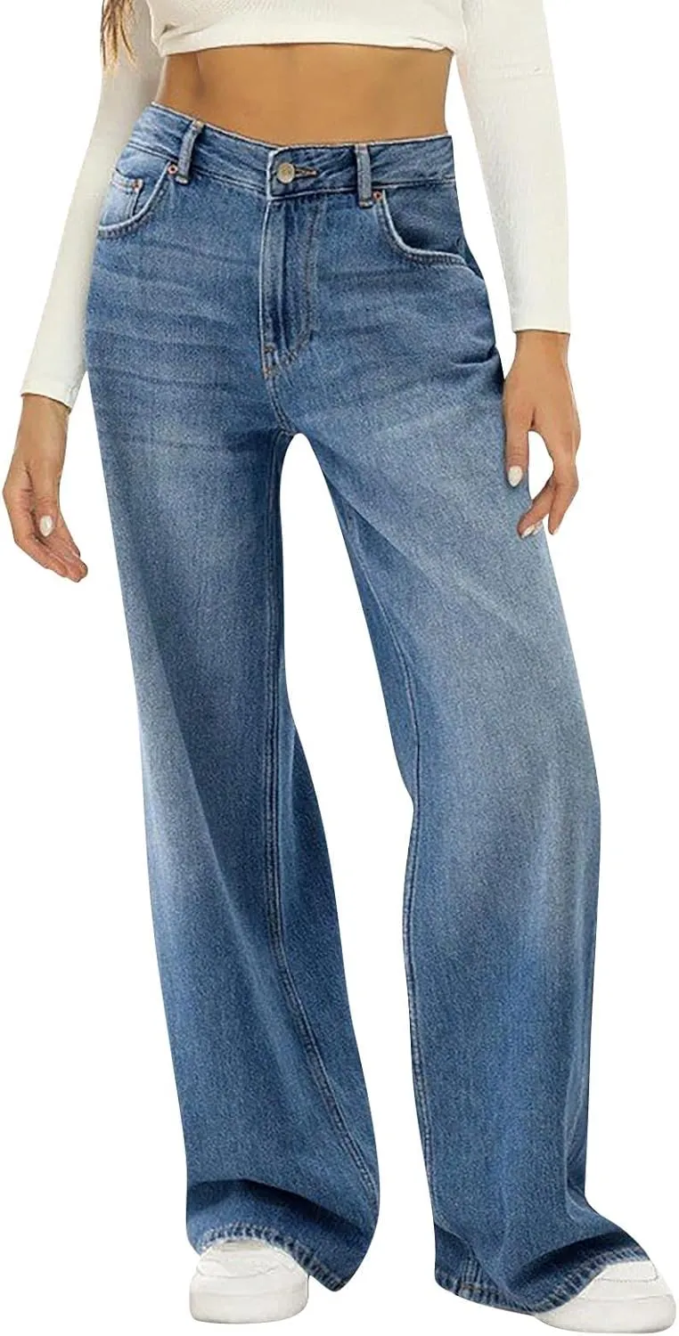 Sweatpants Jeans for Women Boyfriend Baggy Wide Leg Jeans Loose Fit Trendy Denim Pants with Pocket