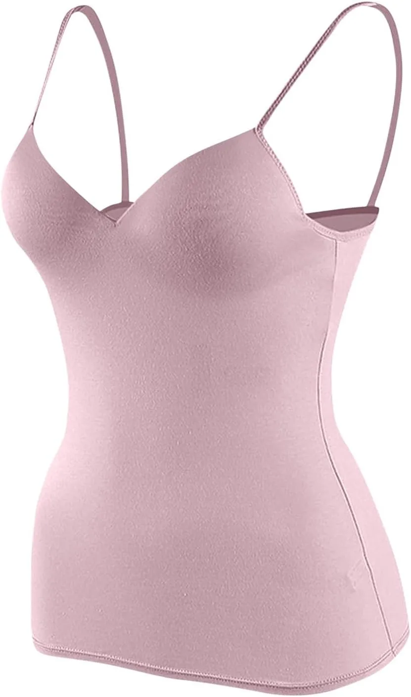 Tank Top with Built in Bra for Women Sexy Spaghetti Strap v Neck Camisole Tops Workout Summer Cami Undershirt