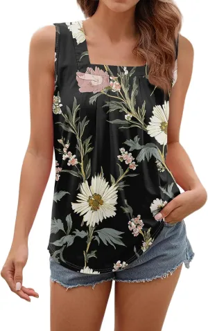Tank Tops for Women 2025 Summer Pleated Tunic Loose Fit Sleeveless Shirts Dressy Casual V Neck Button Down Blouses