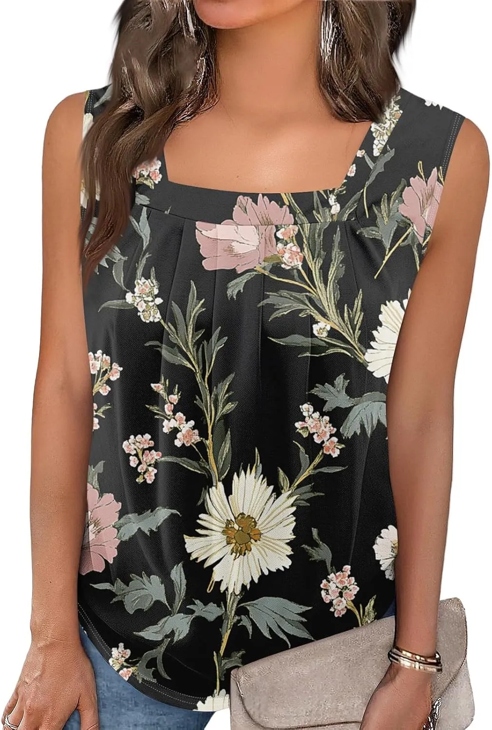 Tank Tops for Women 2025 Summer Pleated Tunic Loose Fit Sleeveless Shirts Dressy Casual V Neck Button Down Blouses