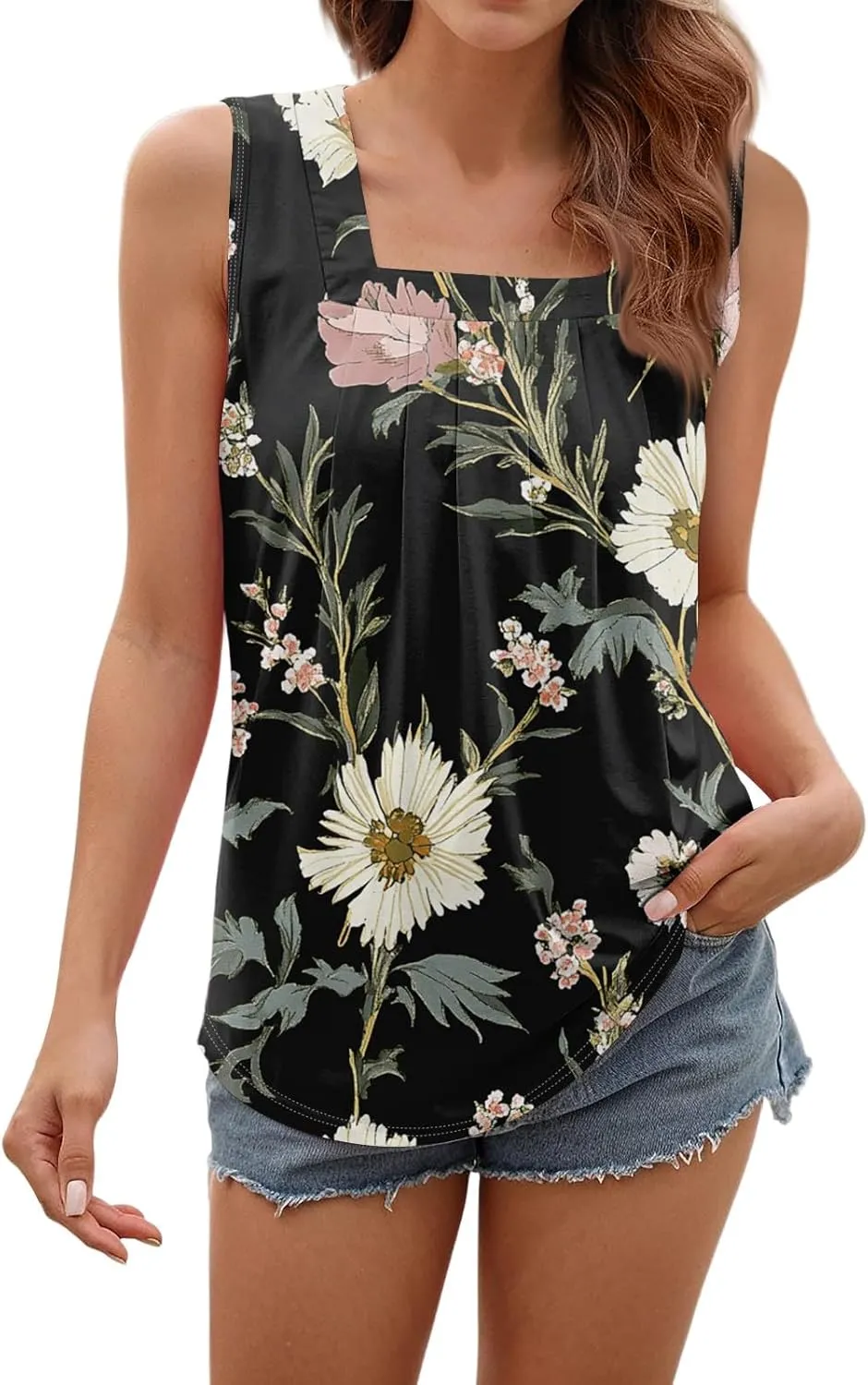 Tank Tops for Women 2025 Summer Pleated Tunic Loose Fit Sleeveless Shirts Dressy Casual V Neck Button Down Blouses