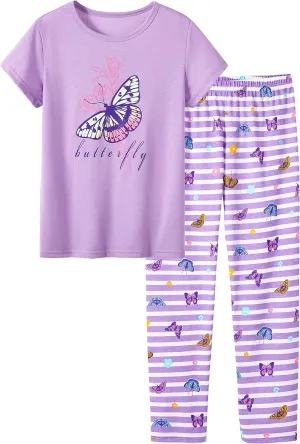 Tebbis Girls Pajamas Cotton Soft PJS Cupcake/Butterfly Stripe Summer Short Cute Jammies Size 6-18