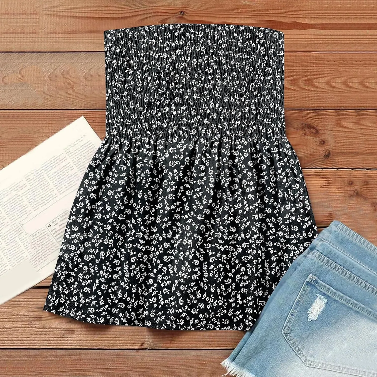 Tube Tops for Women Floral Print Sleeveless Tanks Strapless Smocked Ruffled Tube Tops Casual Lightweight Bandeau
