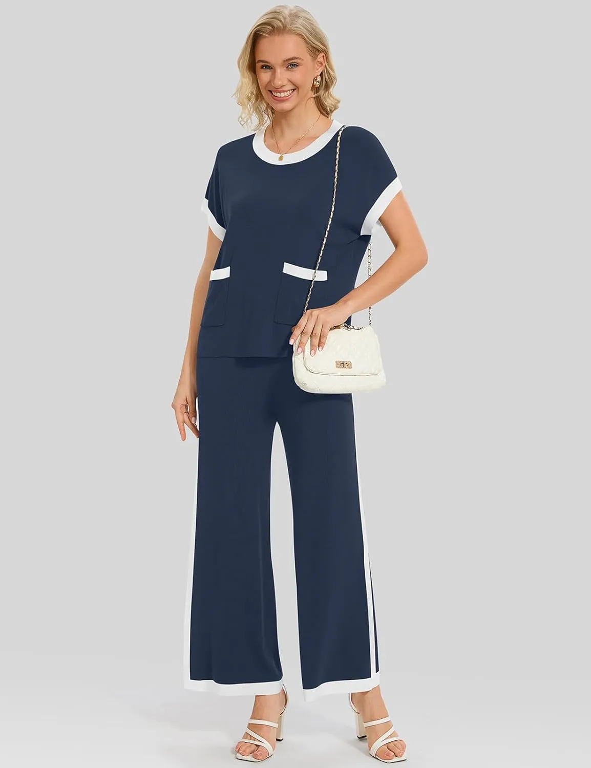 UEU Women 2 Piece Outfits Lounge Set Summer Short Sleeve Sweater Knit Tops Wide Leg Pants Matching Loungewear Set