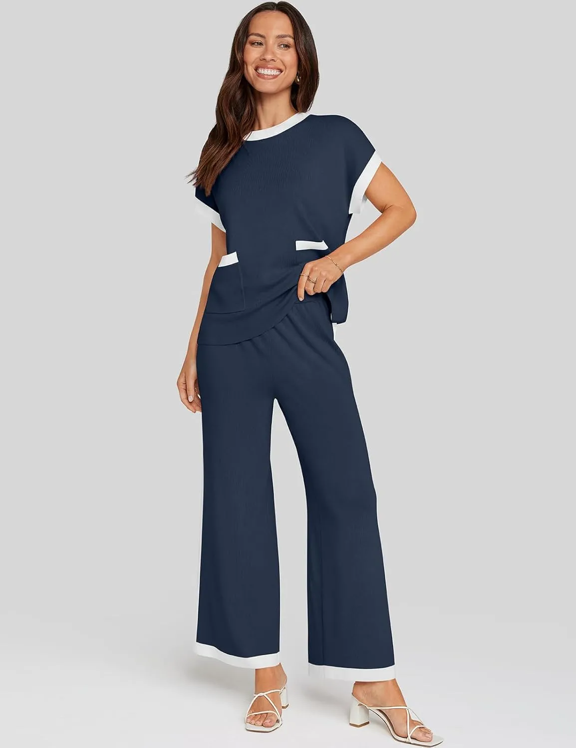 UEU Women 2 Piece Outfits Lounge Set Summer Short Sleeve Sweater Knit Tops Wide Leg Pants Matching Loungewear Set