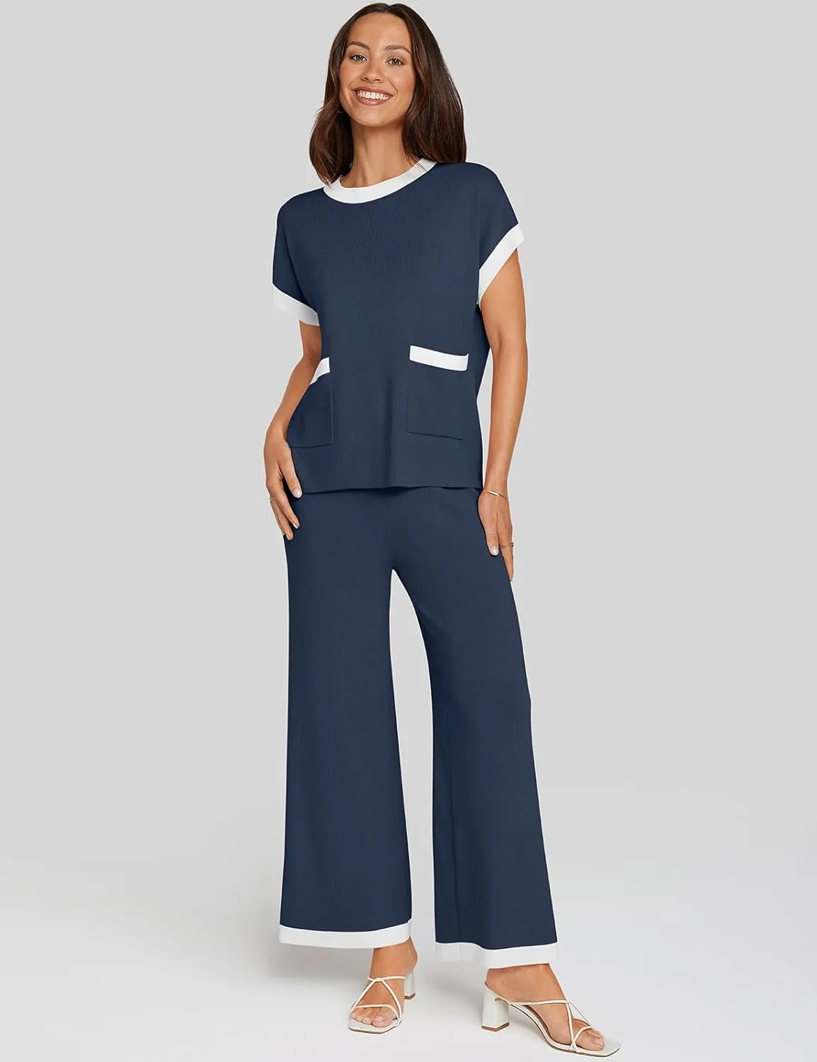 UEU Women 2 Piece Outfits Lounge Set Summer Short Sleeve Sweater Knit Tops Wide Leg Pants Matching Loungewear Set