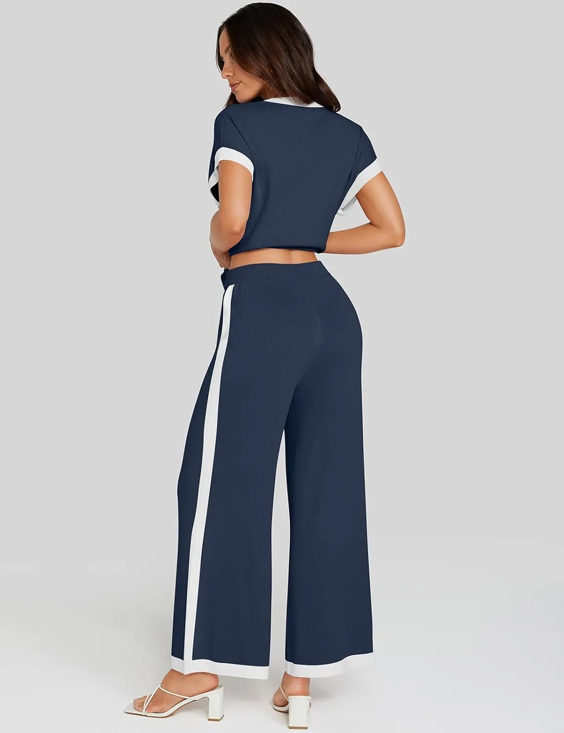 UEU Women 2 Piece Outfits Lounge Set Summer Short Sleeve Sweater Knit Tops Wide Leg Pants Matching Loungewear Set