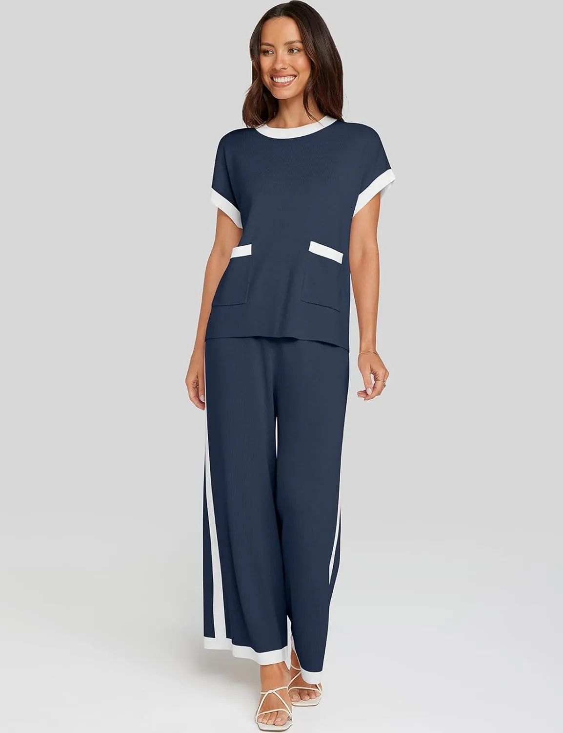 UEU Women 2 Piece Outfits Lounge Set Summer Short Sleeve Sweater Knit Tops Wide Leg Pants Matching Loungewear Set