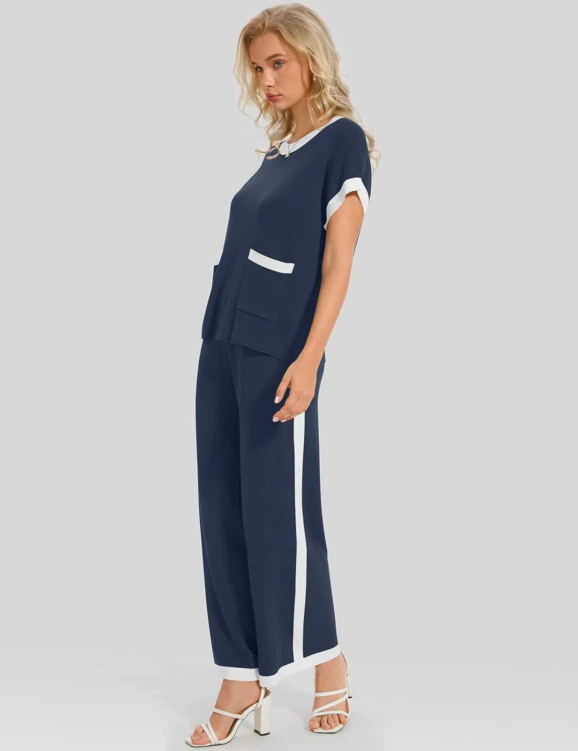 UEU Women 2 Piece Outfits Lounge Set Summer Short Sleeve Sweater Knit Tops Wide Leg Pants Matching Loungewear Set