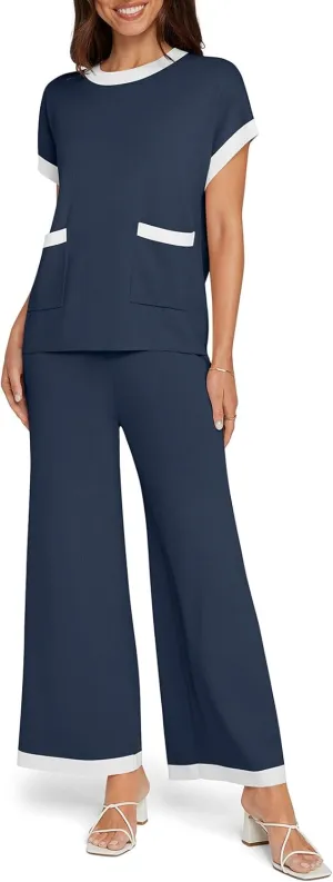 UEU Women 2 Piece Outfits Lounge Set Summer Short Sleeve Sweater Knit Tops Wide Leg Pants Matching Loungewear Set