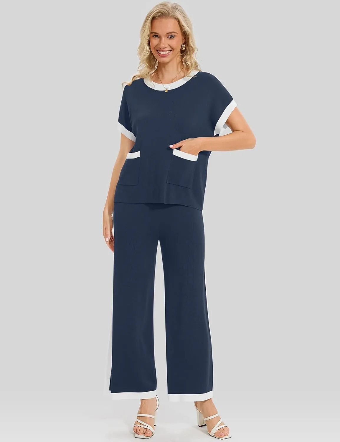 UEU Women 2 Piece Outfits Lounge Set Summer Short Sleeve Sweater Knit Tops Wide Leg Pants Matching Loungewear Set
