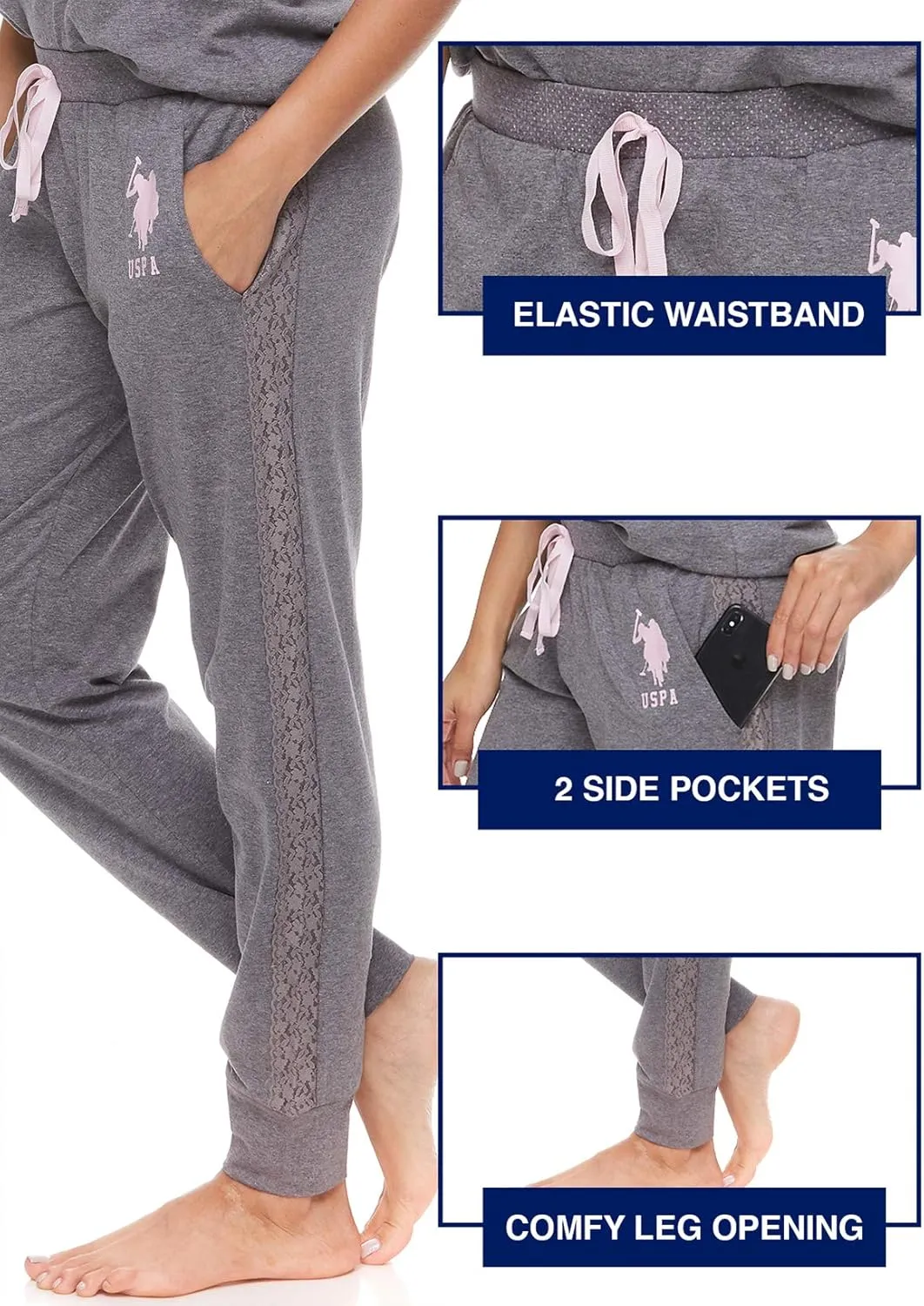 U.S. Polo Assn. Womens Pajama Set with Pockets - Short Sleeve Shirt and Pajama Pants Pj Set