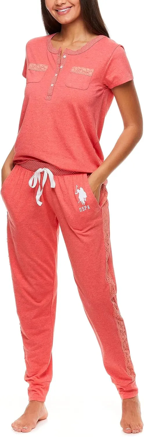 U.S. Polo Assn. Womens Pajama Set with Pockets - Short Sleeve Shirt and Pajama Pants Pj Set