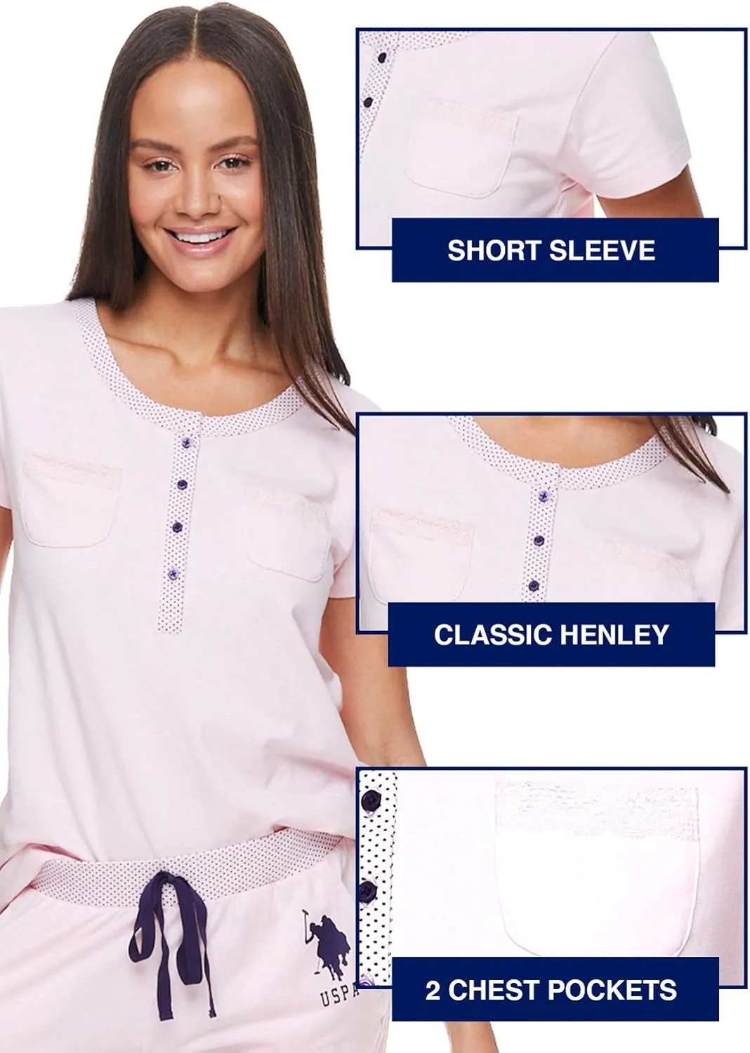 U.S. Polo Assn. Womens Pajama Set with Pockets - Short Sleeve Shirt and Pajama Pants Pj Set