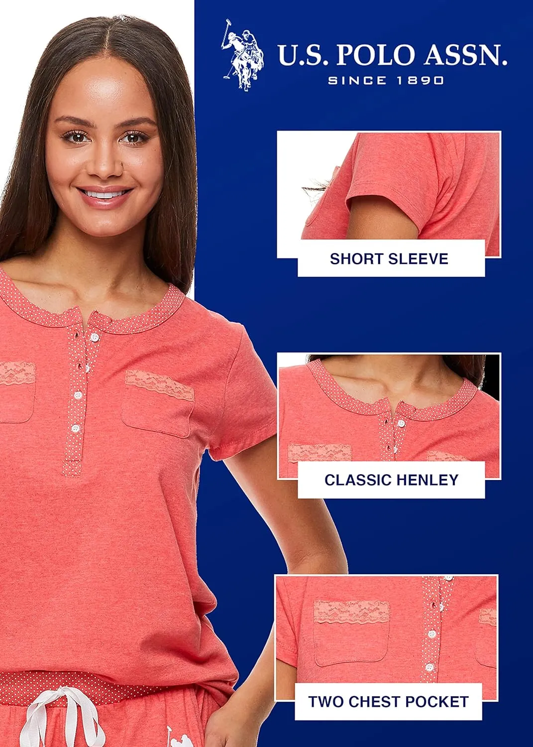 U.S. Polo Assn. Womens Pajama Set with Pockets - Short Sleeve Shirt and Pajama Pants Pj Set