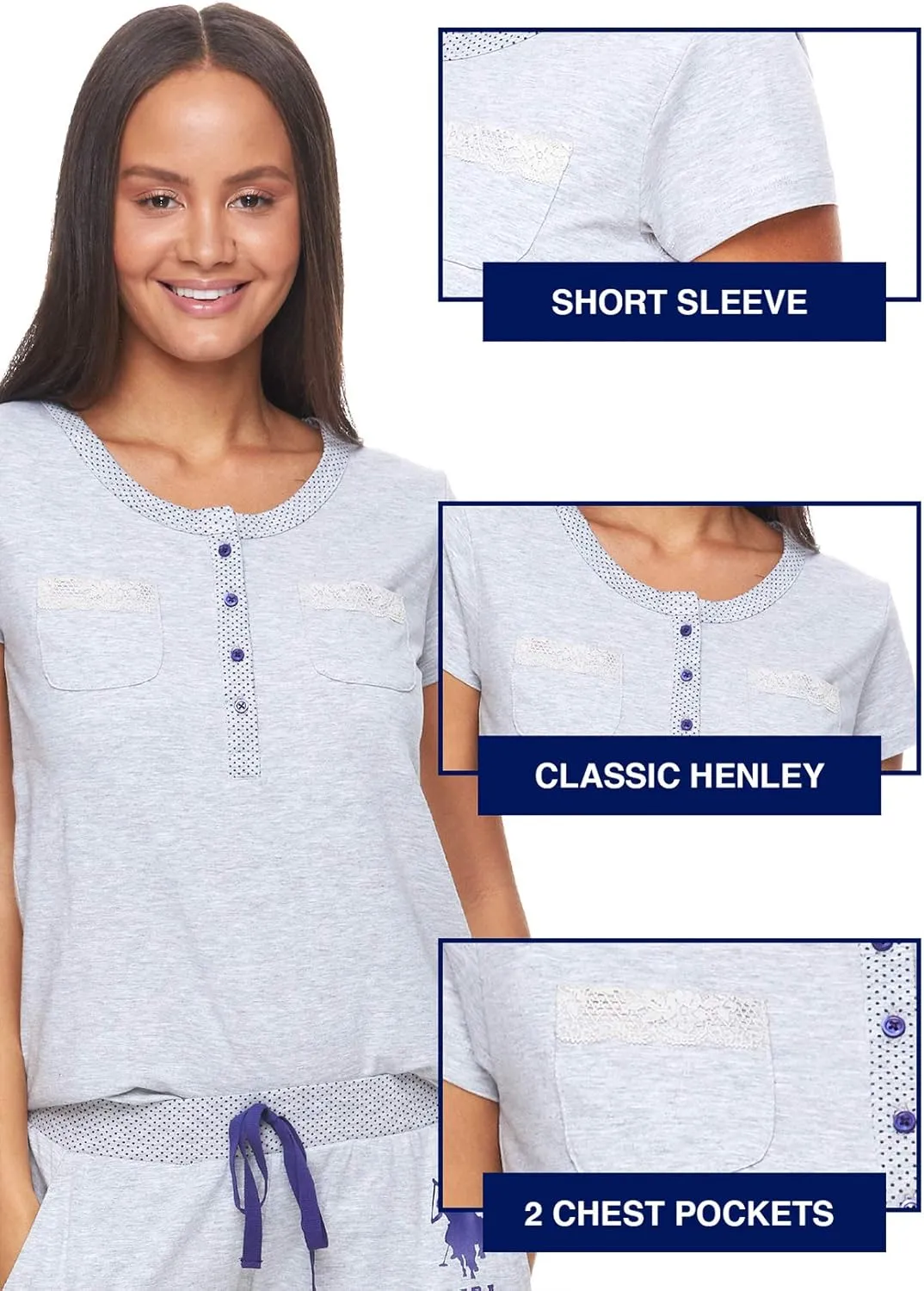 U.S. Polo Assn. Womens Pajama Set with Pockets - Short Sleeve Shirt and Pajama Pants Pj Set