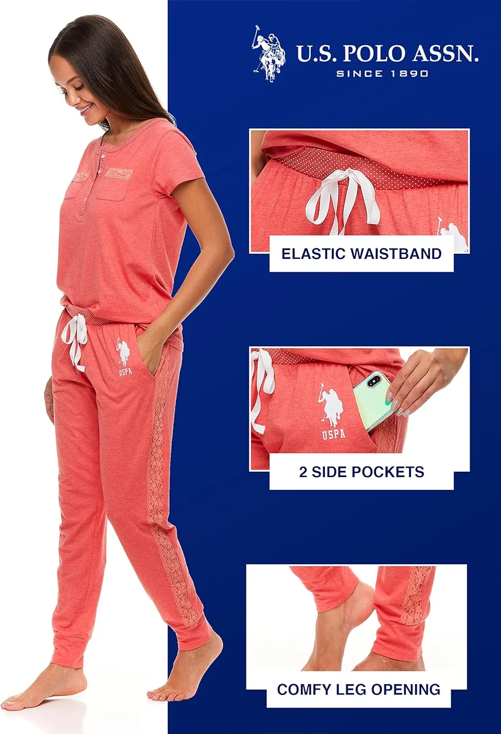 U.S. Polo Assn. Womens Pajama Set with Pockets - Short Sleeve Shirt and Pajama Pants Pj Set