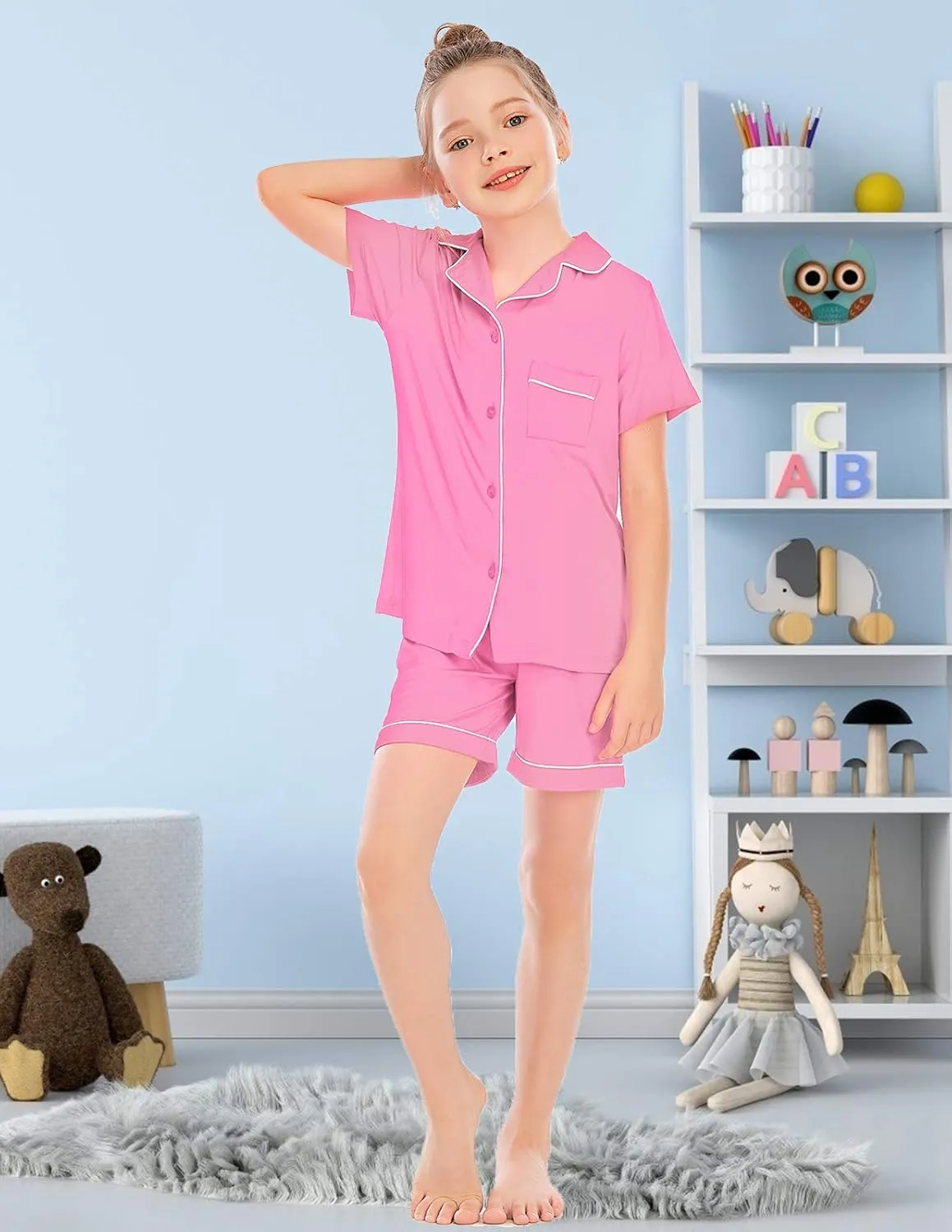 Veseacky Unisex Girls Boys Pajamas Long Sleeve Sleepwear Button-Down 2 Pcs Pjs Set for 5-14 Years