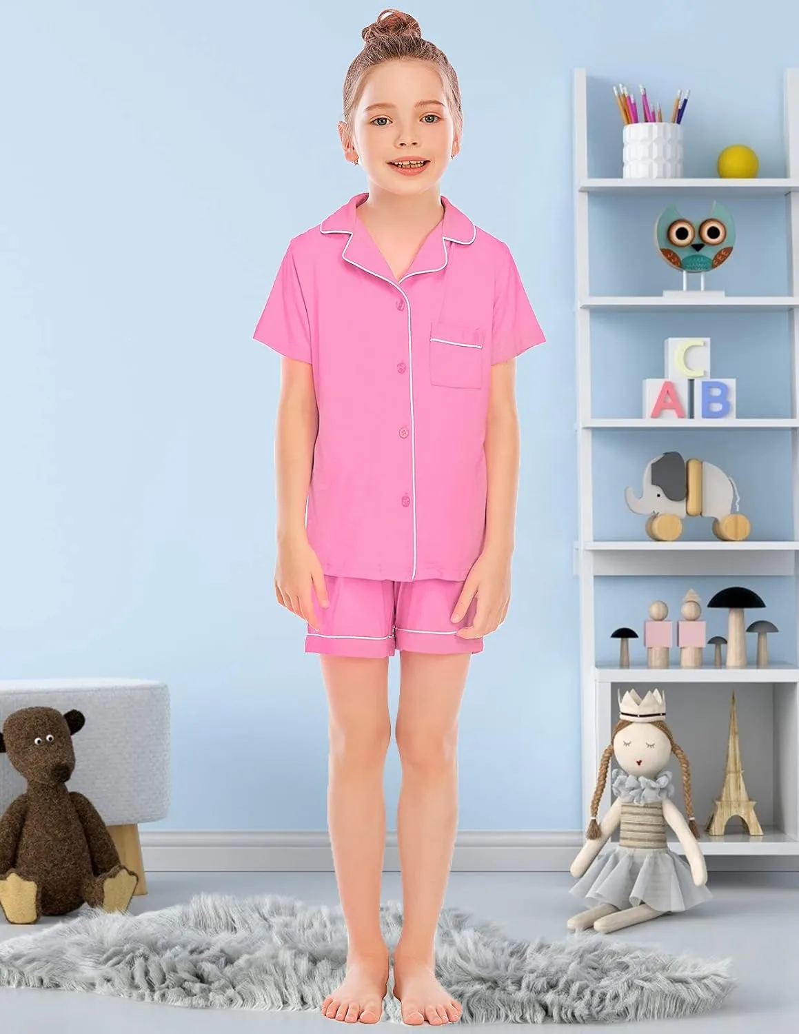 Veseacky Unisex Girls Boys Pajamas Long Sleeve Sleepwear Button-Down 2 Pcs Pjs Set for 5-14 Years