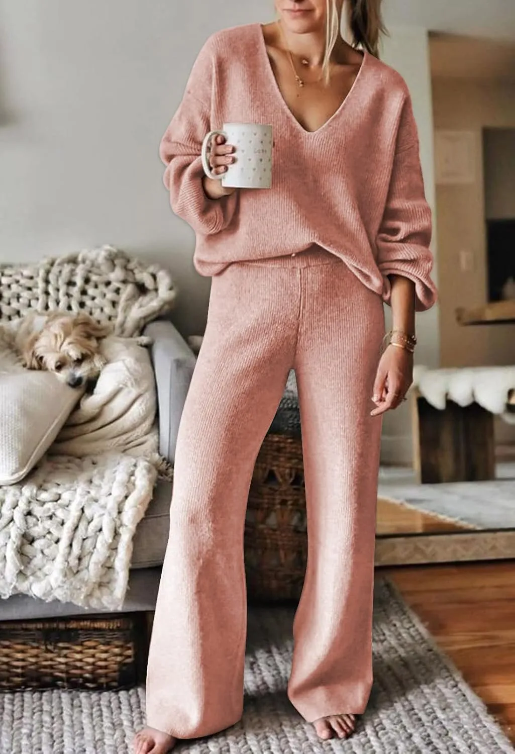 Viottiset Women's 2 Piece Outfits Casual V Neck Knit Wide Leg Sweater Lounge Set Sweatsuit