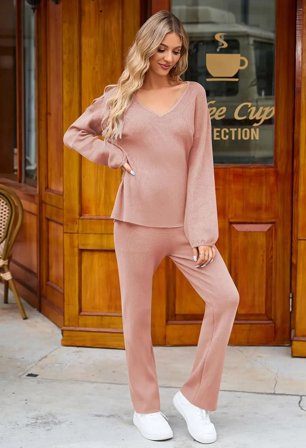 Viottiset Women's 2 Piece Outfits Casual V Neck Knit Wide Leg Sweater Lounge Set Sweatsuit