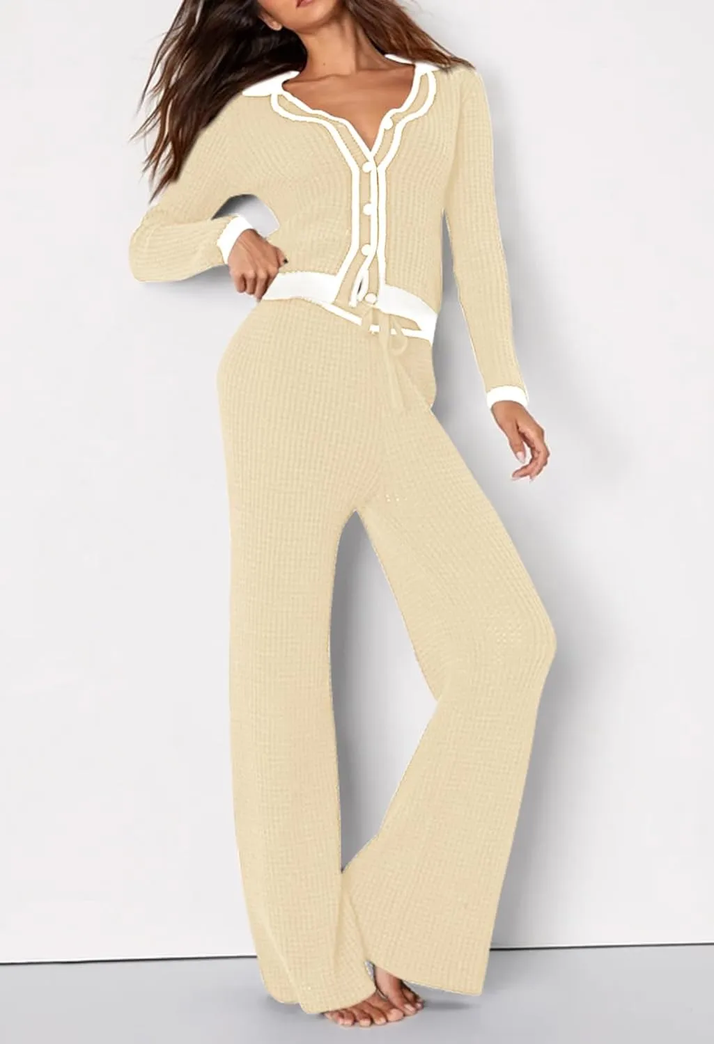 Viottiset Women's 2 Piece Outfits Sweatsuit Set Long Sleeve Button Sweatshirt Wide Leg Sweatpants Lounge Set Tracksuit