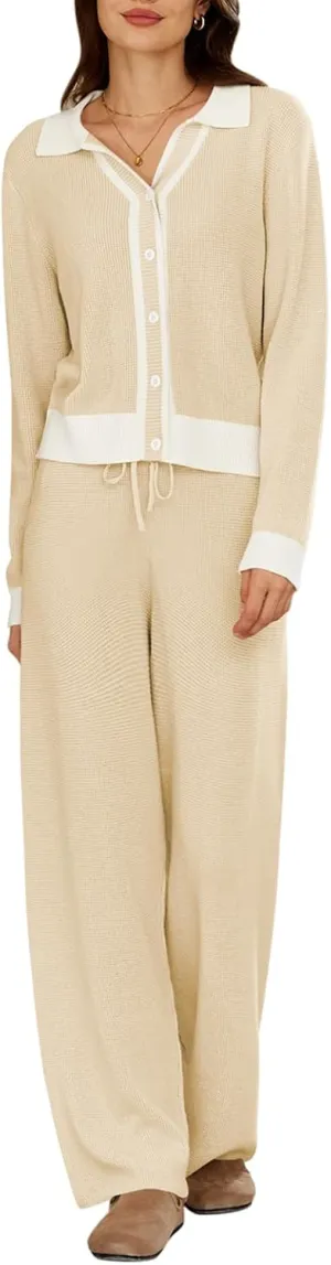 Viottiset Women's 2 Piece Outfits Sweatsuit Set Long Sleeve Button Sweatshirt Wide Leg Sweatpants Lounge Set Tracksuit