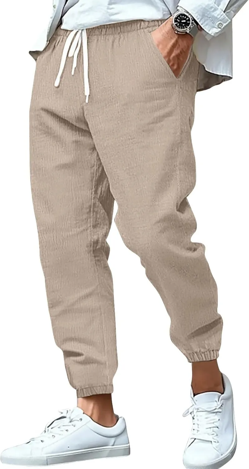 WENKOMG1 Cotton Linen Pants for Men Summer Ankle Length Tapered Elastic Waist Casual Pants Lightweight Breathable Joggers