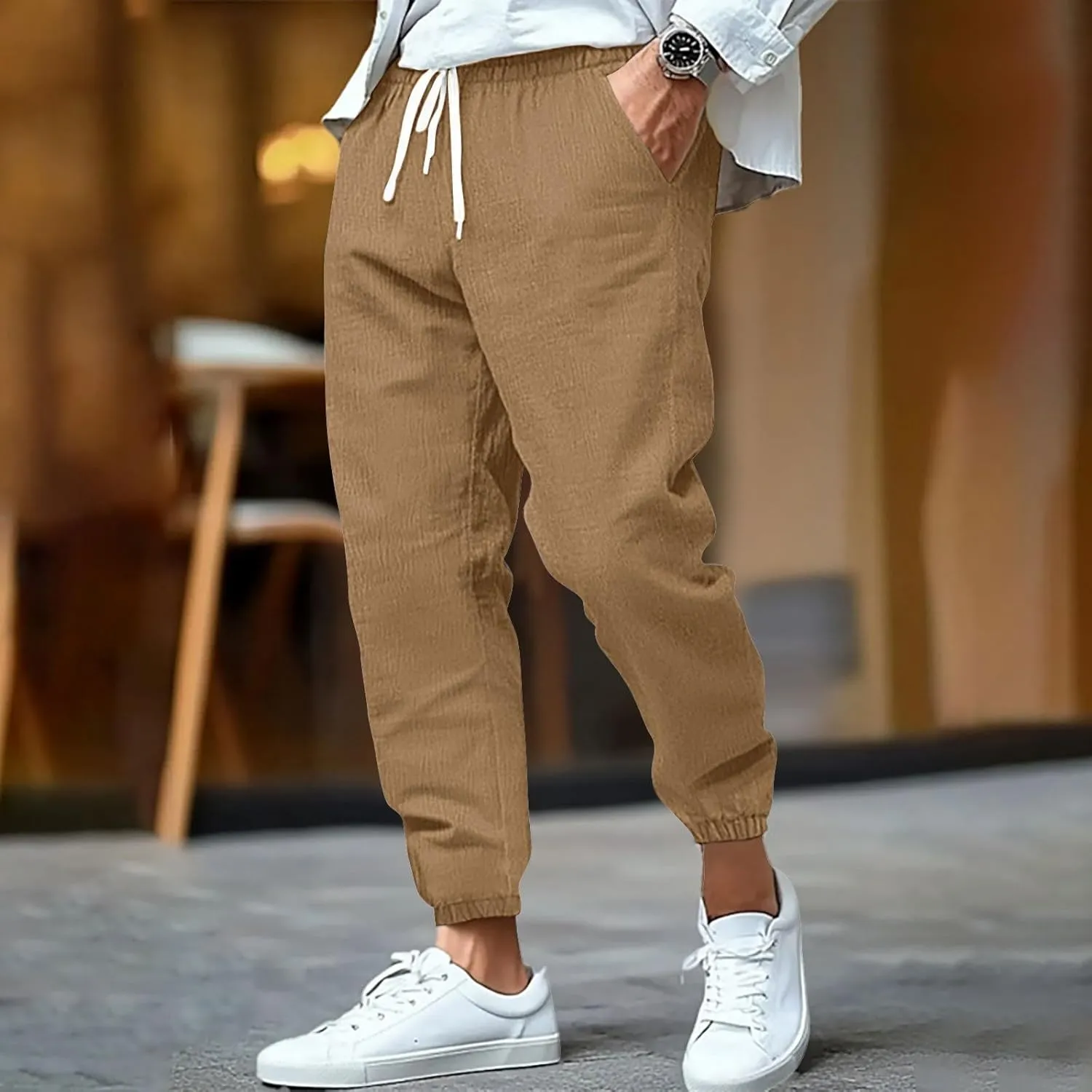 WENKOMG1 Cotton Linen Pants for Men Summer Ankle Length Tapered Elastic Waist Casual Pants Lightweight Breathable Joggers