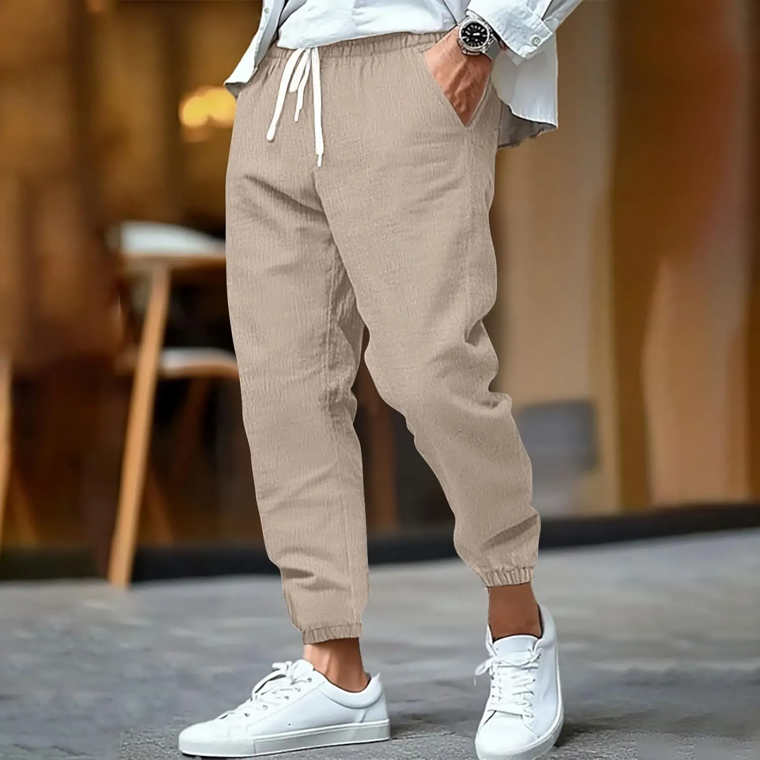 WENKOMG1 Cotton Linen Pants for Men Summer Ankle Length Tapered Elastic Waist Casual Pants Lightweight Breathable Joggers