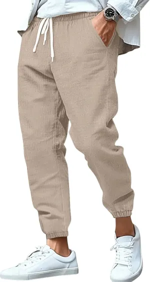 WENKOMG1 Cotton Linen Pants for Men Summer Ankle Length Tapered Elastic Waist Casual Pants Lightweight Breathable Joggers