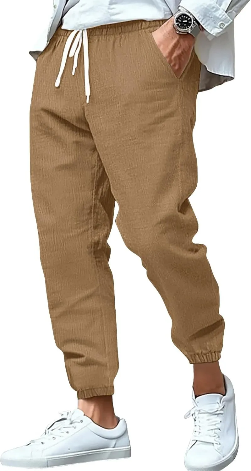 WENKOMG1 Cotton Linen Pants for Men Summer Ankle Length Tapered Elastic Waist Casual Pants Lightweight Breathable Joggers
