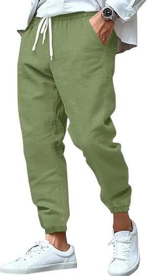 WENKOMG1 Mens Cotton Linen Pants Summer Ankle Length Tapered Elastic Waist Casual Pants Lightweight Breathable Joggers