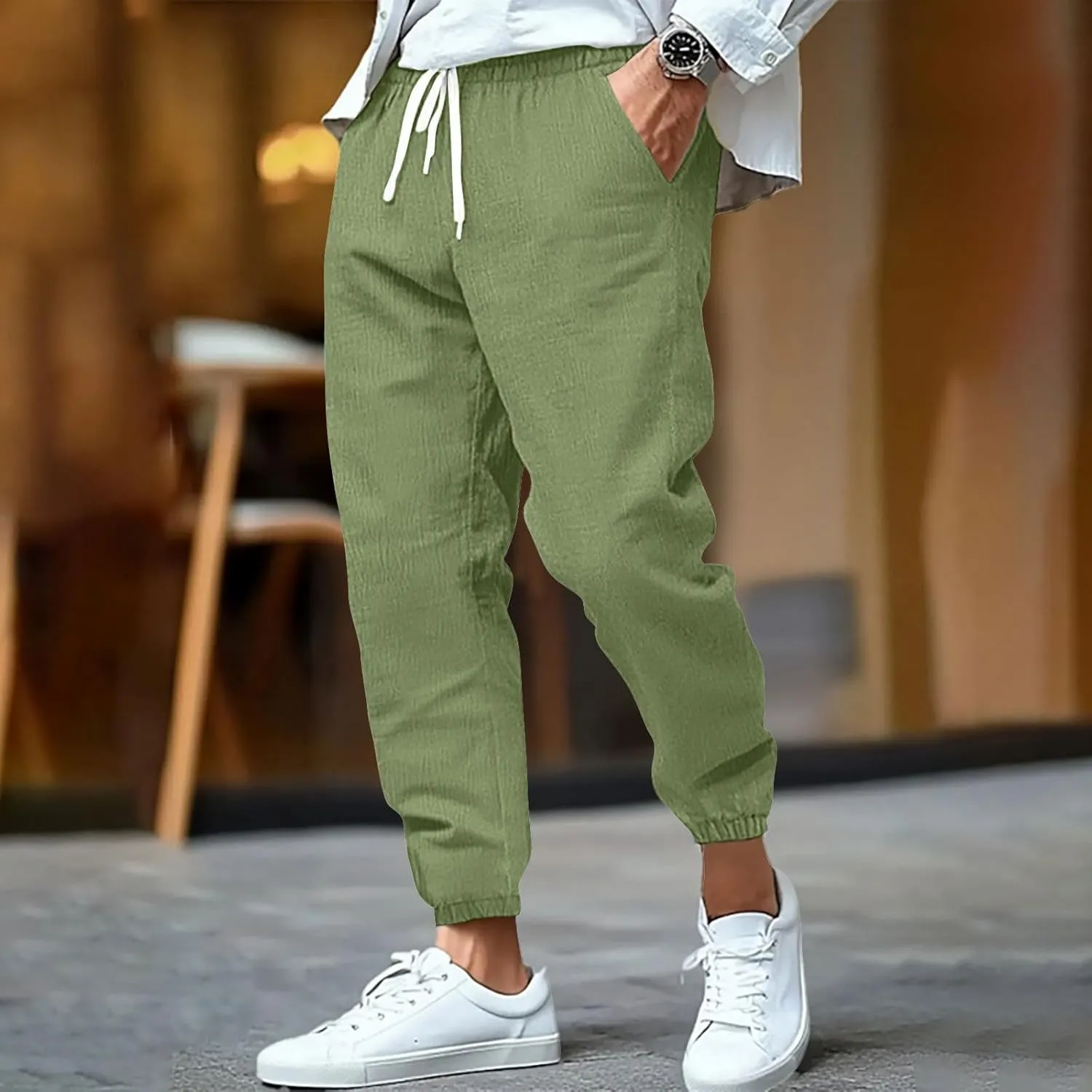 WENKOMG1 Mens Cotton Linen Pants Summer Ankle Length Tapered Elastic Waist Casual Pants Lightweight Breathable Joggers