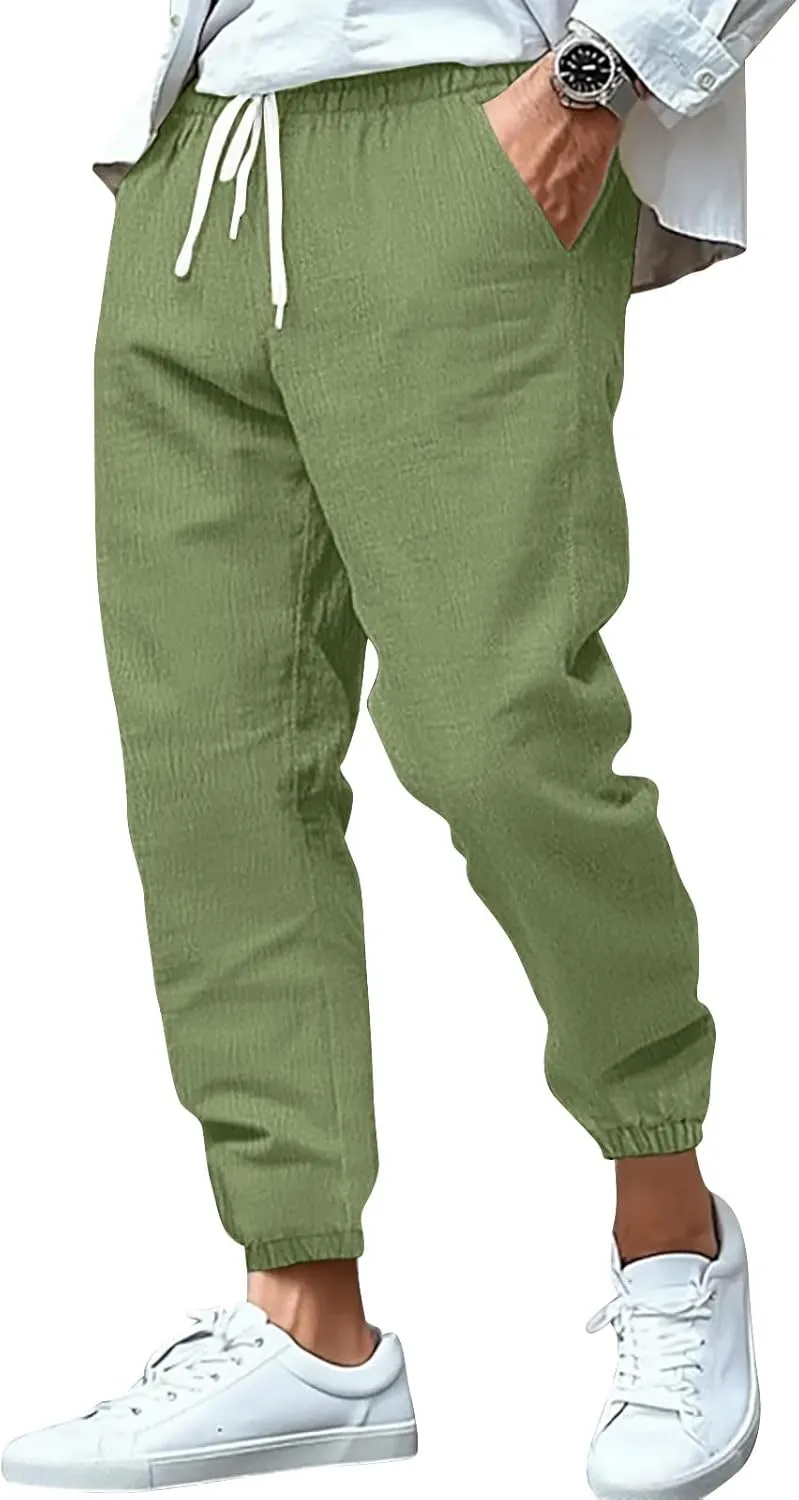 WENKOMG1 Mens Cotton Linen Pants Summer Ankle Length Tapered Elastic Waist Casual Pants Lightweight Breathable Joggers