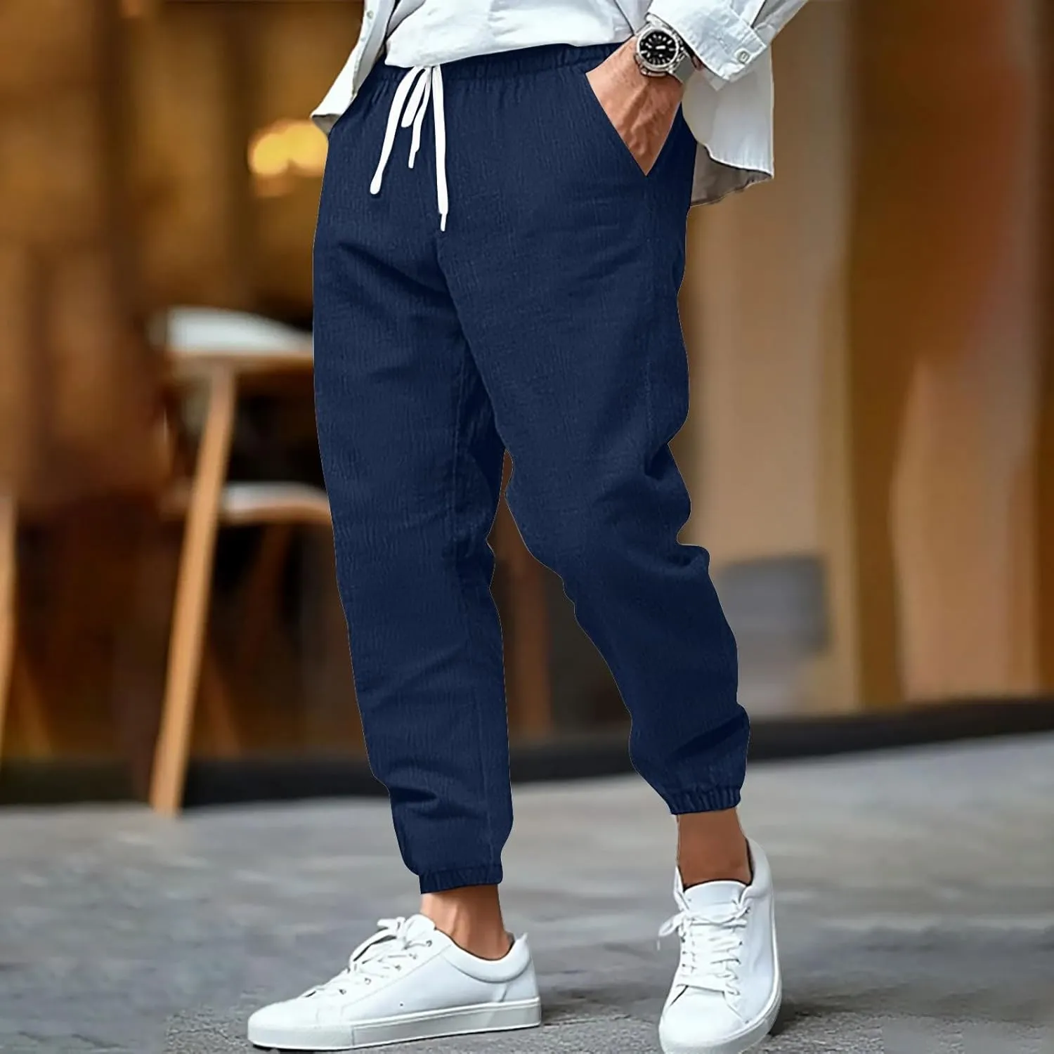 WENKOMG1 Mens Cotton Linen Pants Summer Ankle Length Tapered Elastic Waist Casual Pants Lightweight Breathable Joggers
